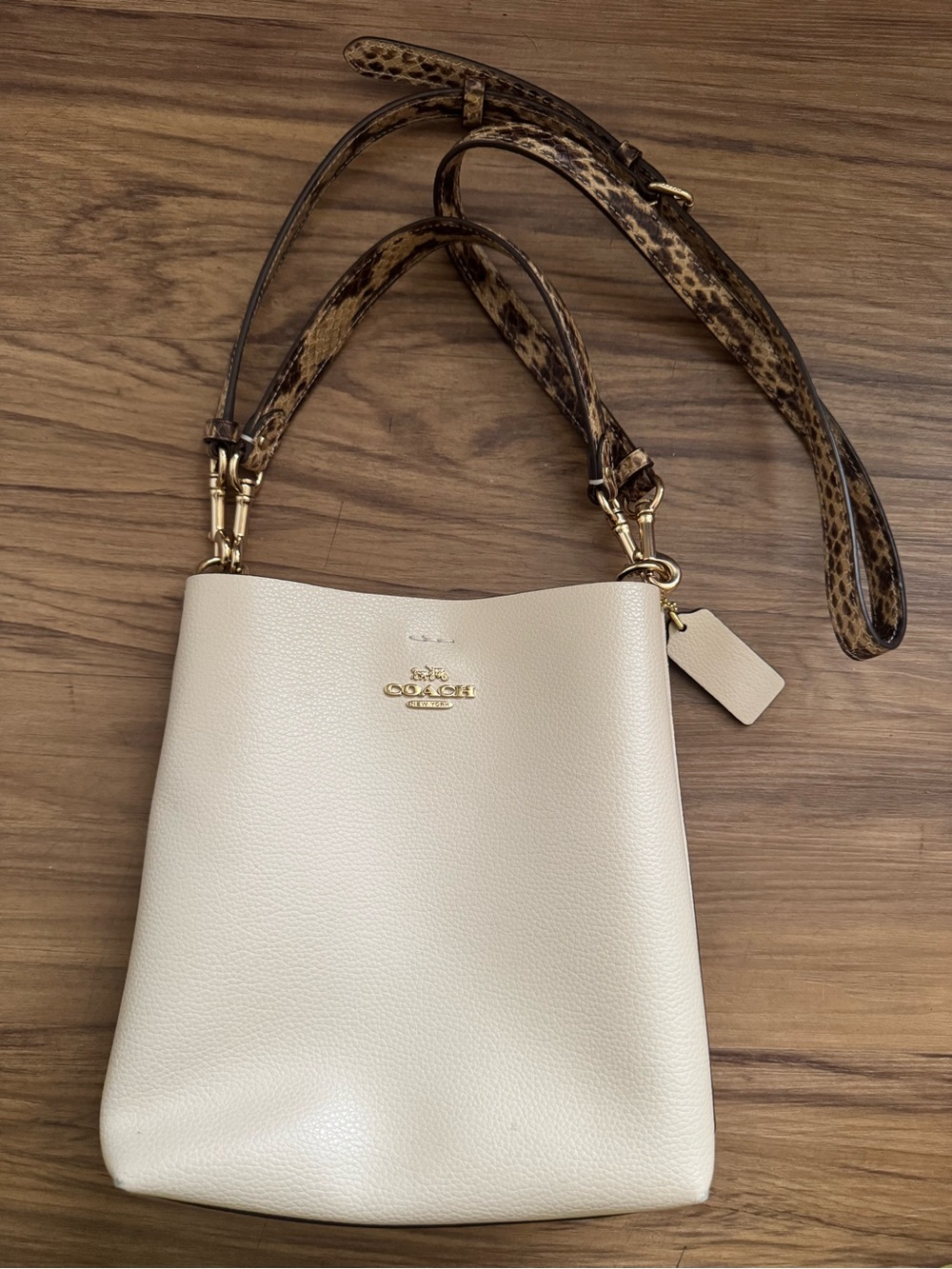Coach Cream Pebbled Leather Bucket Bag with Leopard-Print Strap